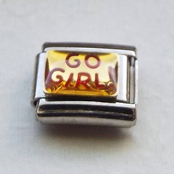 Go Girl! on gold enamel 9mm stainless steel Italian charm bracelet link new - Picture 1 of 2